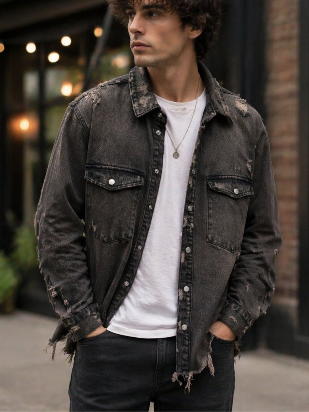 Zara, Distressed Denim Shirt Jacket Black Acid Wash, Men’s XL Overshirt